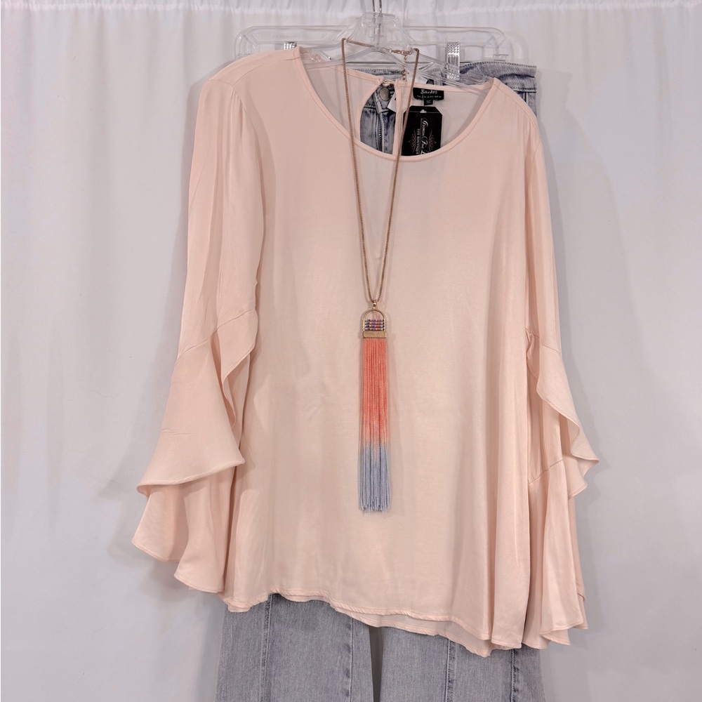 Bardot Blush Pink Blouse with Ruffled Sleeves made in Australia